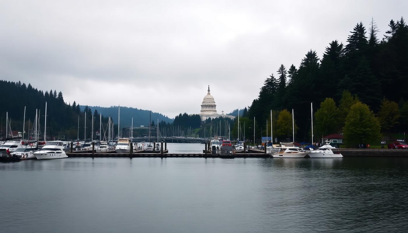 Olympia, Washington waterfront with the State Capitol dome in the distance