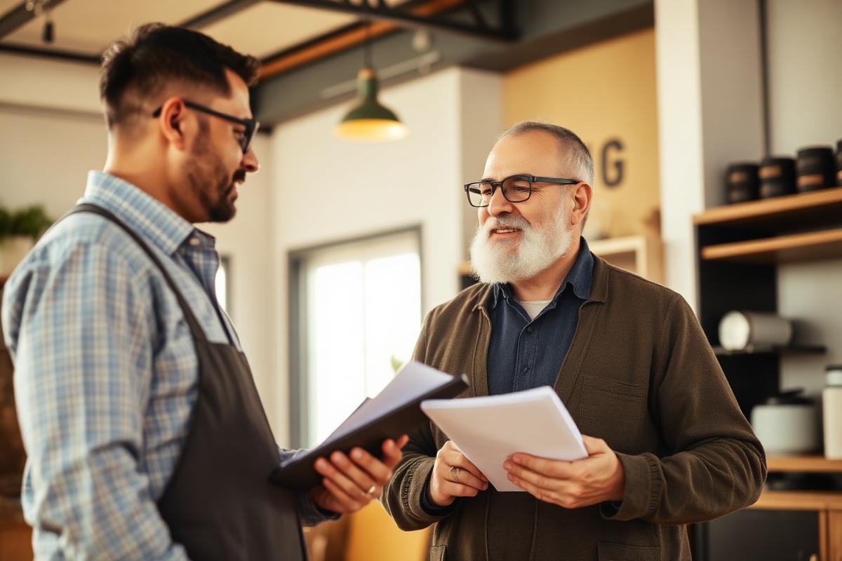 A consultant reviewing paperwork with a small-business owner