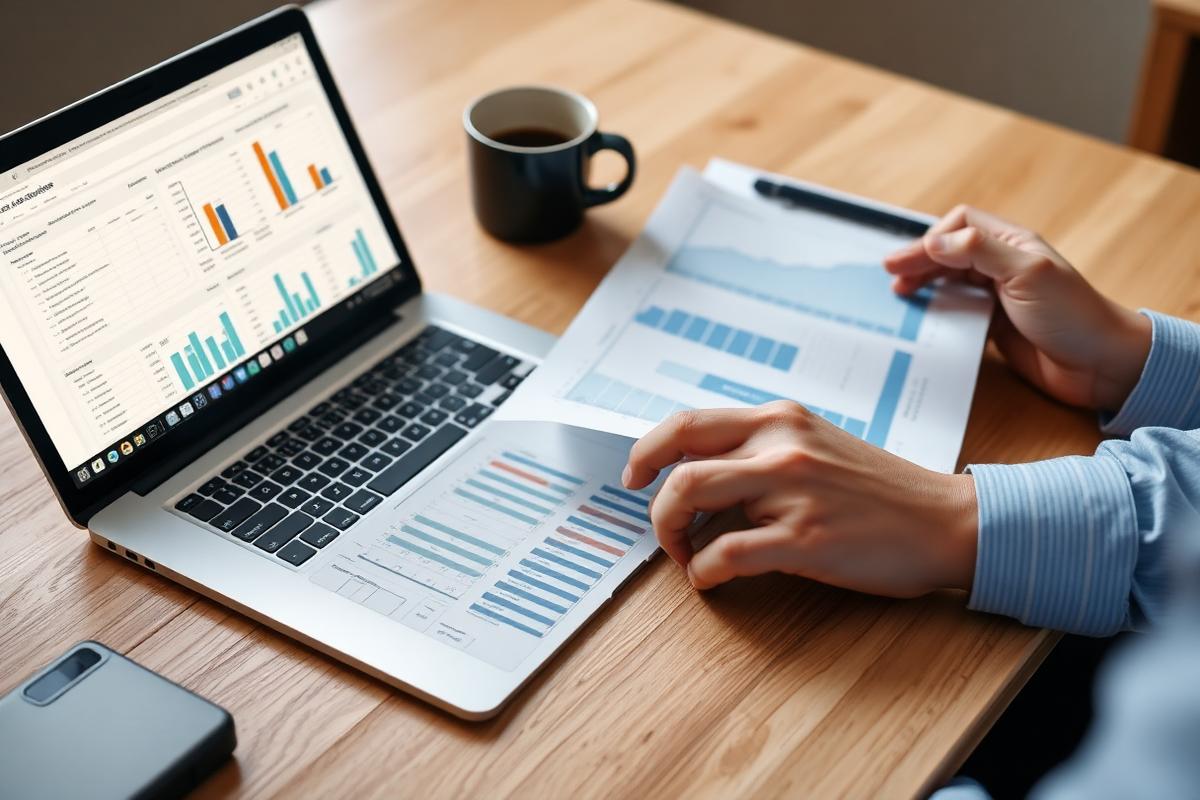 Financial reports and a laptop showing accounting charts